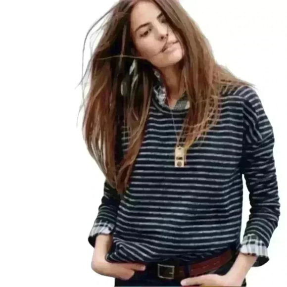 Madewell Marled Stripe Boxy High Low Long Sleeve Sweater in Black White M (C115) - Picture 10 of 10